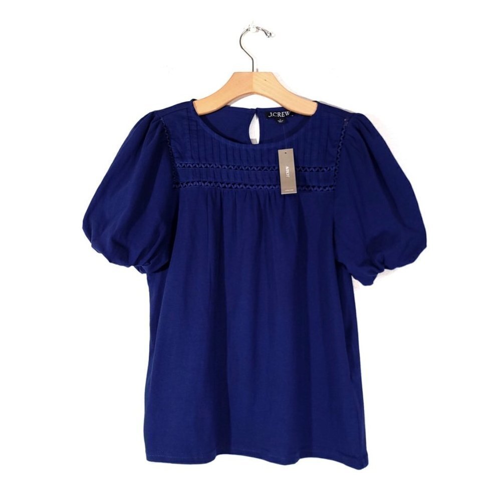 NEW J Crew Cottagecore Lace Trim Puff Sleeve Shirt Mediterranean Navy Blue Small
